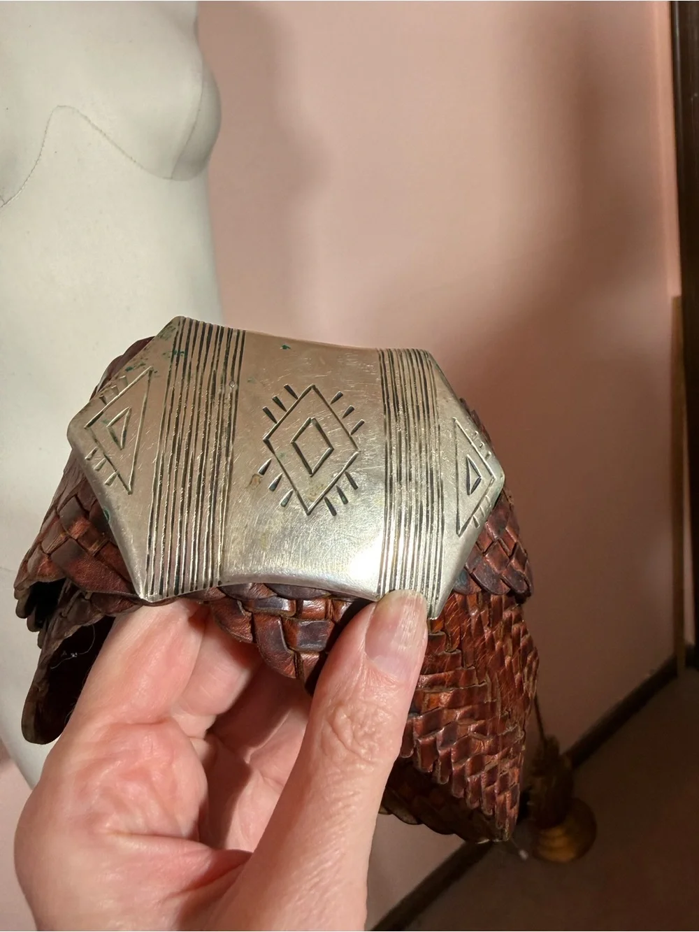 Vintage 1990 Brown woven wide Leather Oversized Silver Concho Belt adjustable